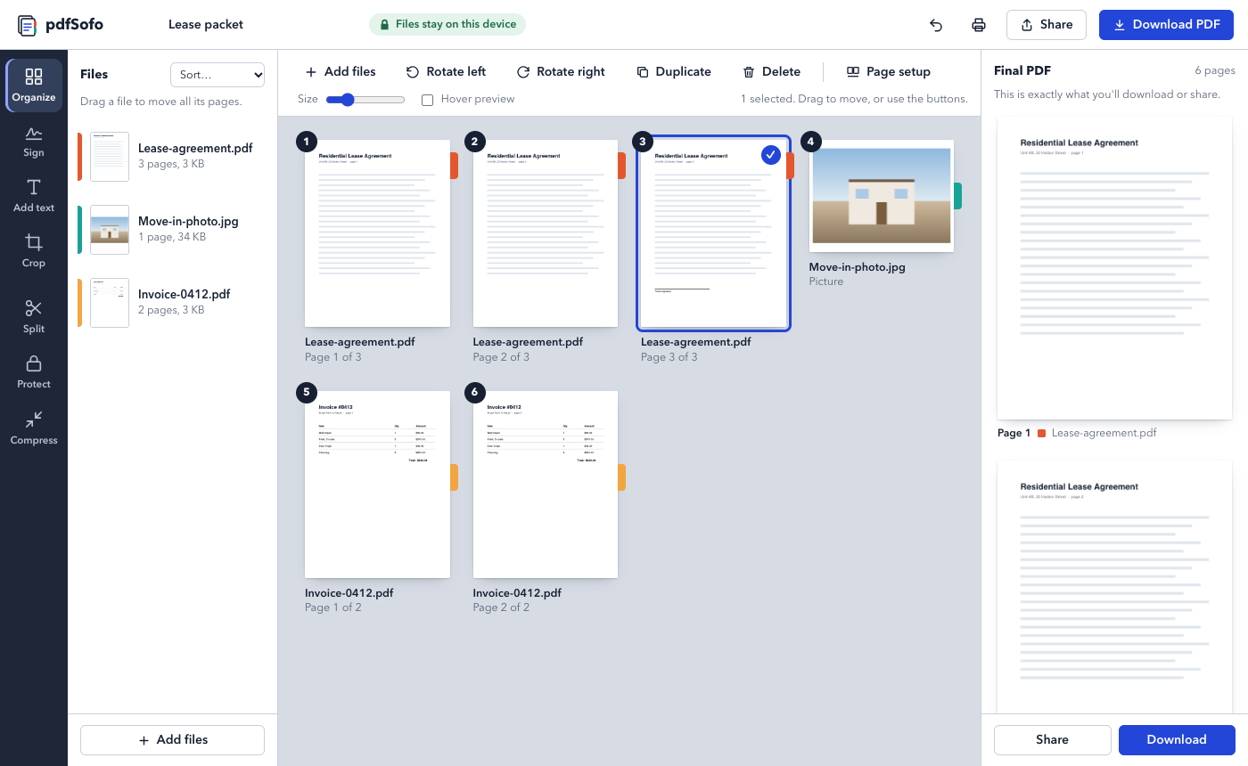 pdfSofo: files on the left, pages in the middle, the final PDF on the right